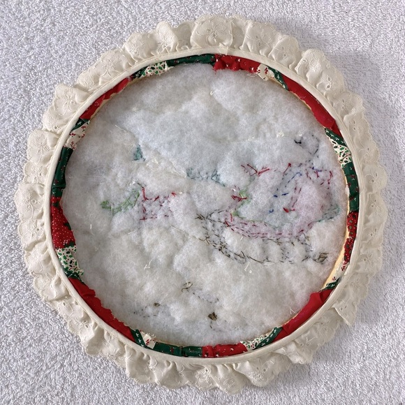 Vintage Handmade Winter Festive Embroidered Holiday Wall Art with Lace Trim - Picture 2 of 8
